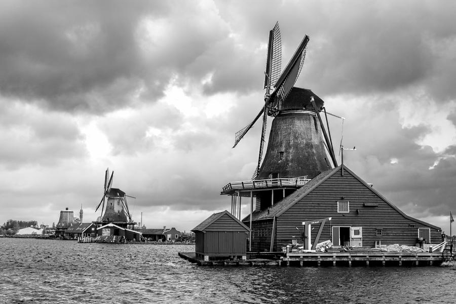 Windmills at Zaanse Schans in Black and White Photograph by Jenny Hudson