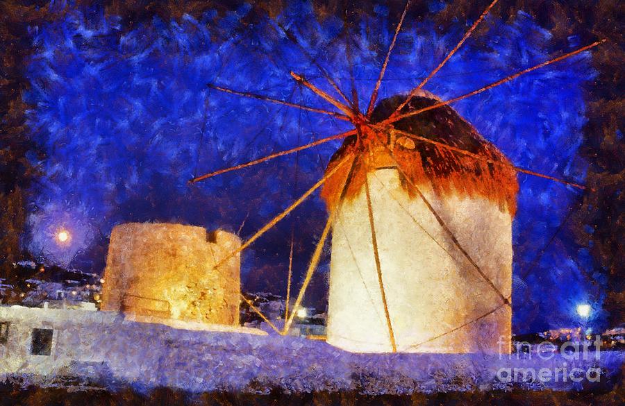 Windmills in Mykonos island Painting by George Atsametakis