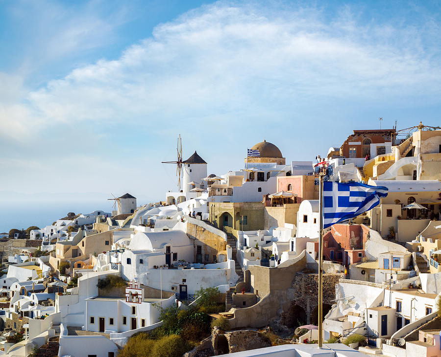 Windmills of Oia village at sunny day Photograph by Gurgen Bakhshetsyan ...