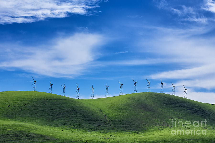 Windmills on a Lush Green Hill Photograph by Mel Ashar