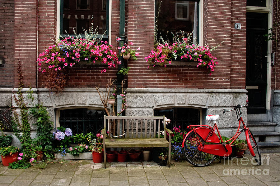 Window box bicycle and bench  -- Amsterdam Photograph by Thomas Marchessault