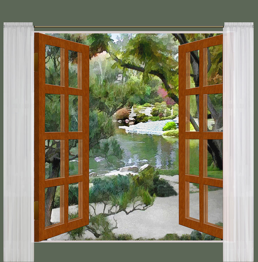 Window View Glimpse Of Tranquility Japanese Garden Painting By Elaine