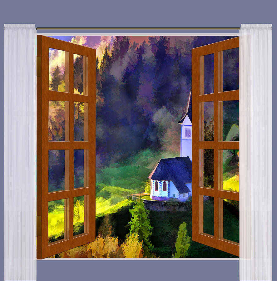 Architecture Painting - Window View of Mountain Church in Morning by Elaine Plesser