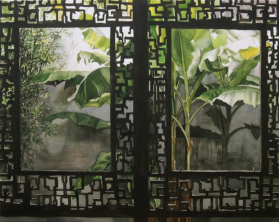 Window with bamboo and banana plant Painting by Alfred Ng