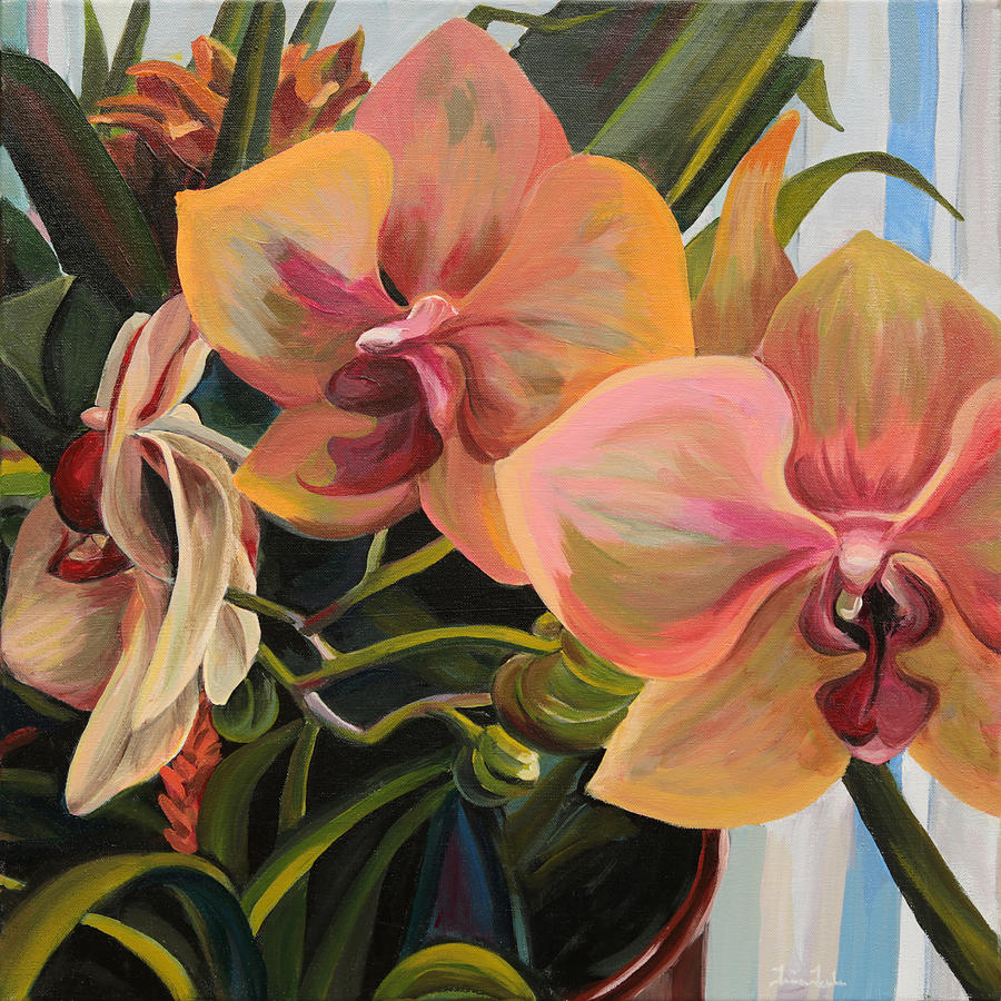 Windowsill Orchids Painting by Trina Teele