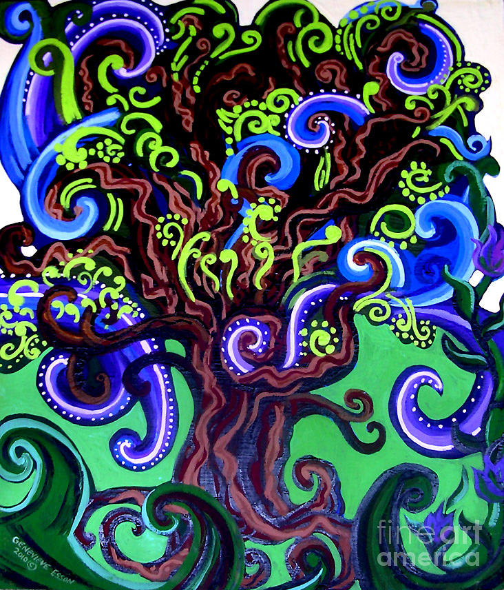 Windy Blue Green Tree Painting by Genevieve Esson