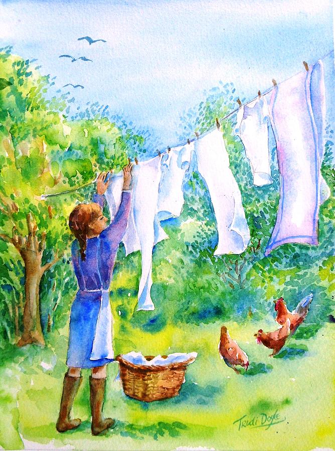 Hanging Clothes Painting - Windy Day Clothesline  by Trudi Doyle
