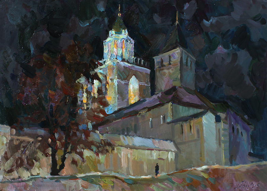 Windy evening near a temple Painting by Juliya Zhukova