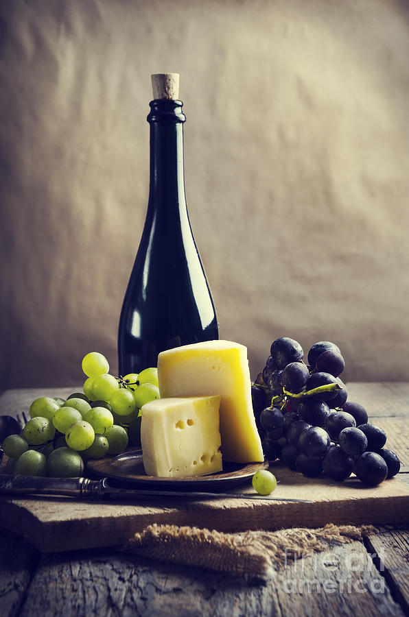 Wine Bottle And Cheese Photograph