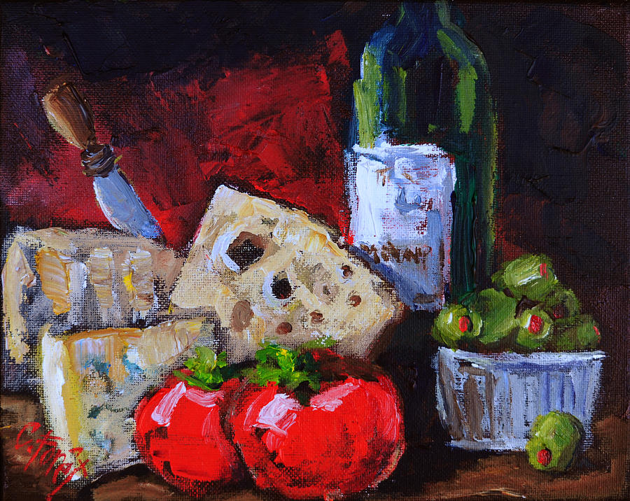 Wine and Cheeses Painting by Carole Foret