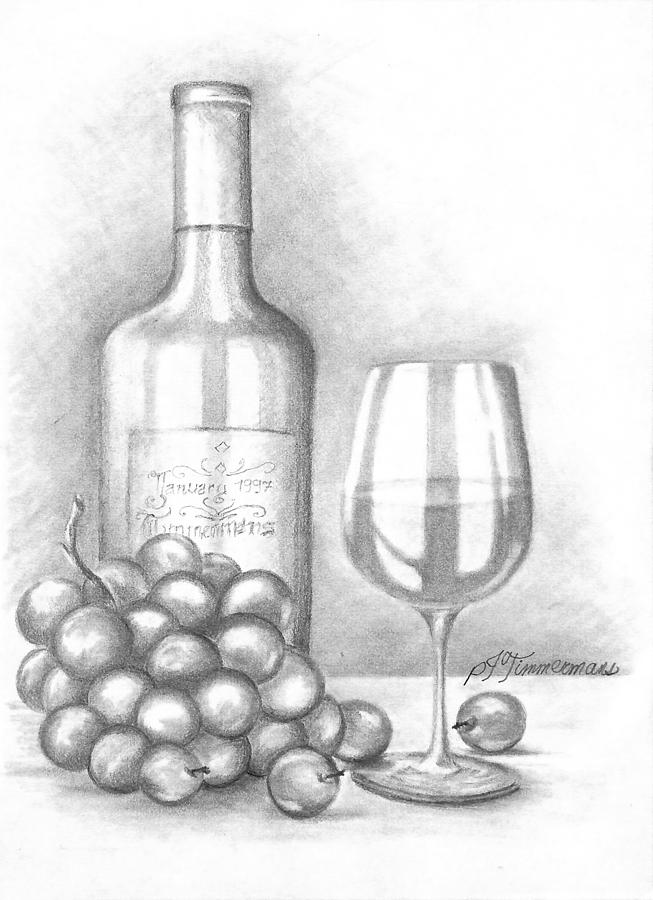 Wine And Grapes Pencil Drawing