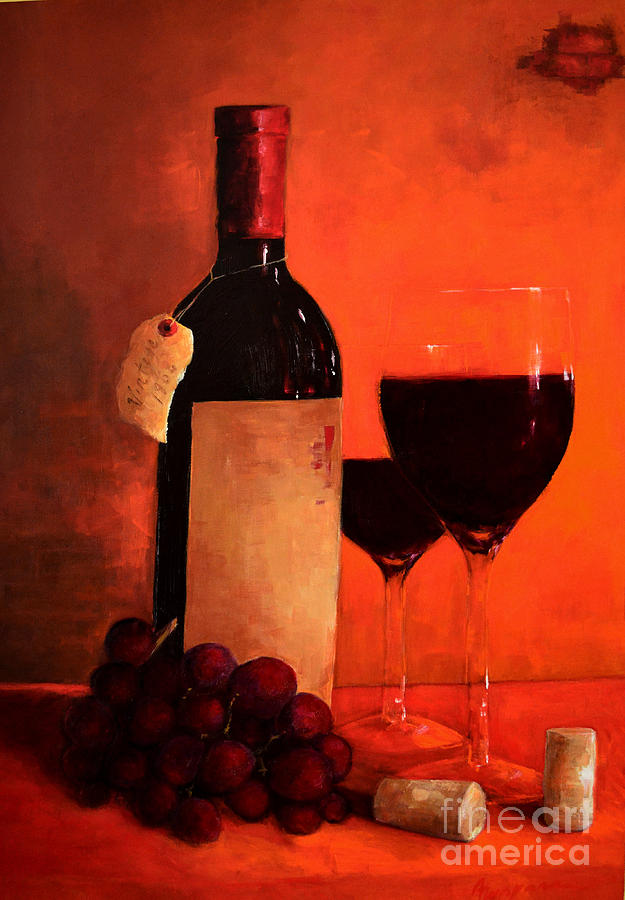 Wine Bottle - Wine Glasses - Red Grapes Vintage Style Art Painting by Patricia Awapara