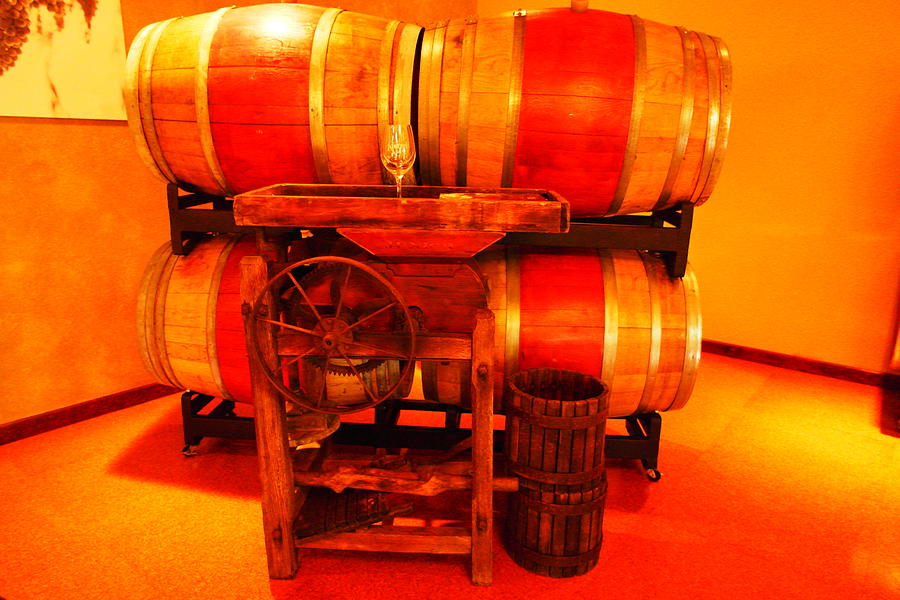Wine casks and a grape crusher Photograph by Jeff Swan