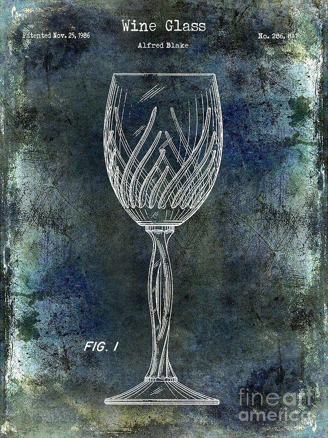 Wine Photograph - Wine Glass Patent Drawing Antique Blue by Jon Neidert