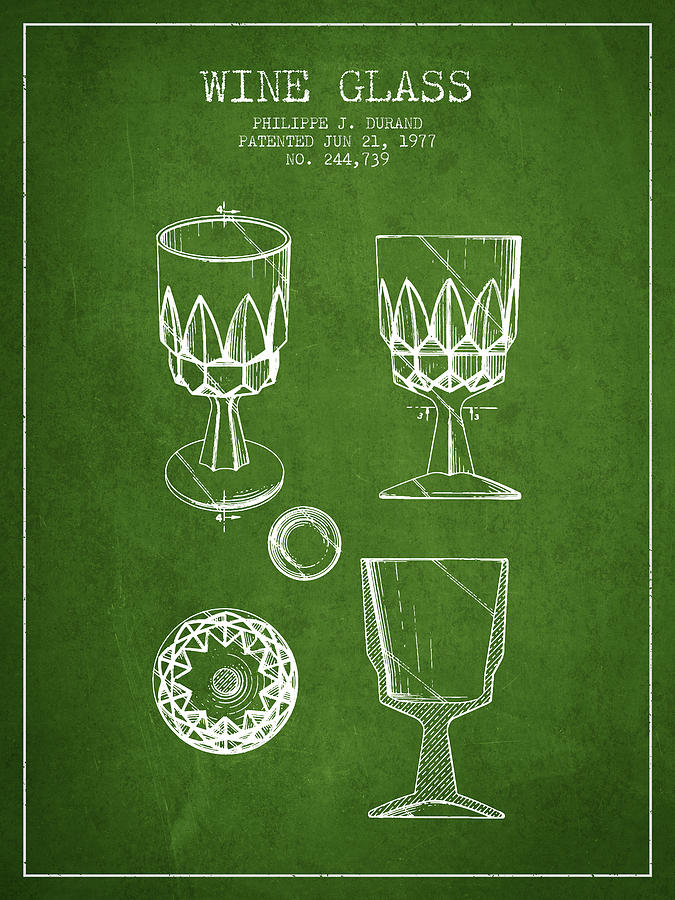 Wine Digital Art - Wine Glass patent from 1977 - Green by Aged Pixel