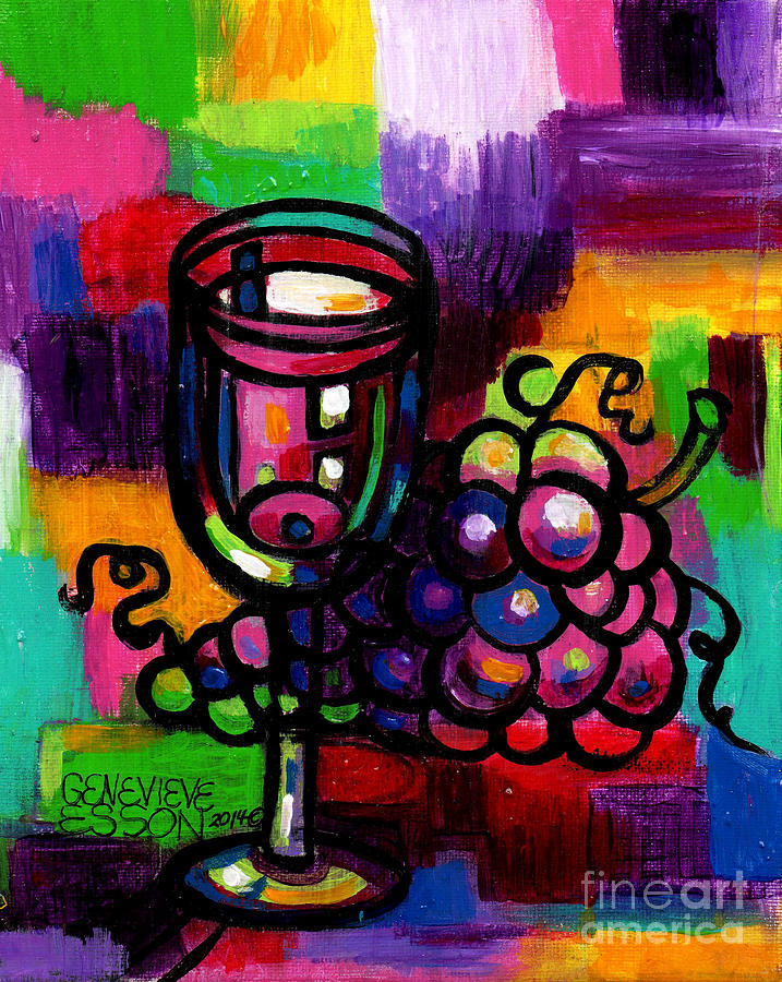 Wine Glass With Grapes Abstract Painting by Genevieve Esson
