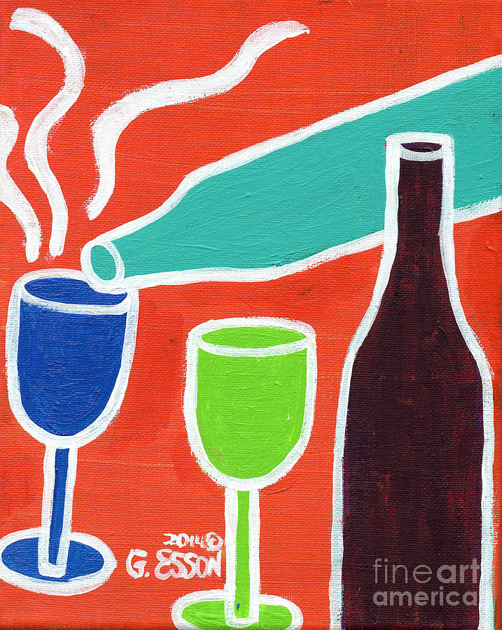 Abstract Painting - Wine Glasses and Bottles With Orange Background by Genevieve Esson