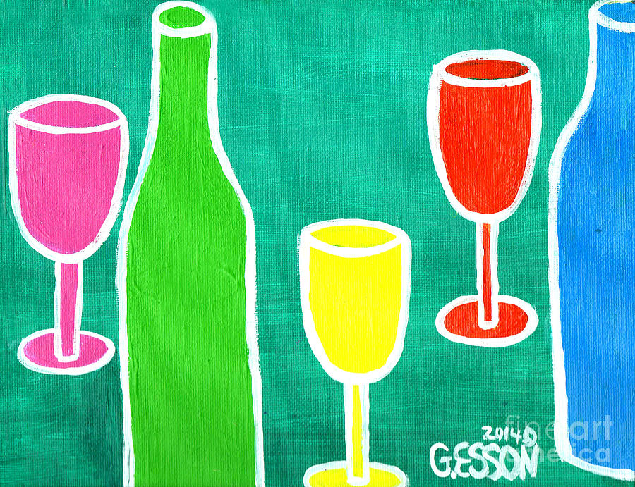 Wine Glasss and Bottles with Green Background Painting by Genevieve Esson