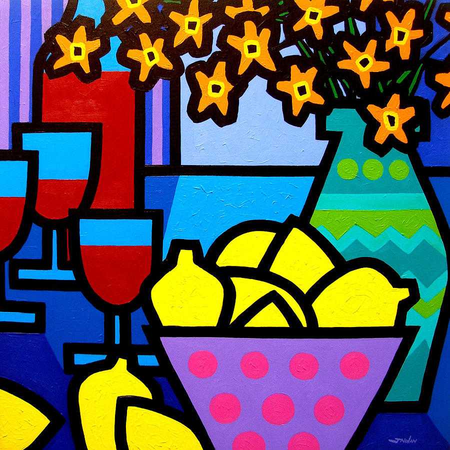 Still Life Painting - Wine Lemons And Flowers by John  Nolan