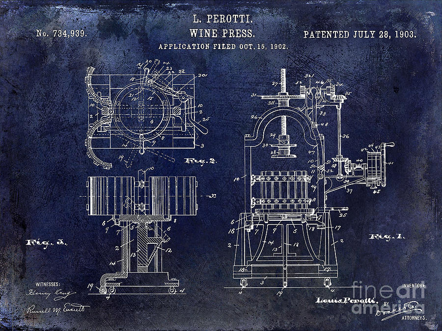 Wine Photograph - Wine Press Patent 1903 Blue by Jon Neidert