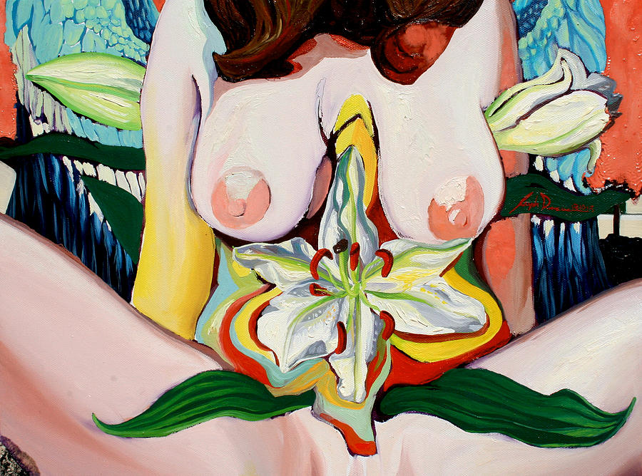 Nude Painting - Winged Girl with Lilys by Joseph Demaree Nude Painting - Winged Girl with Lilys by Joseph Demaree