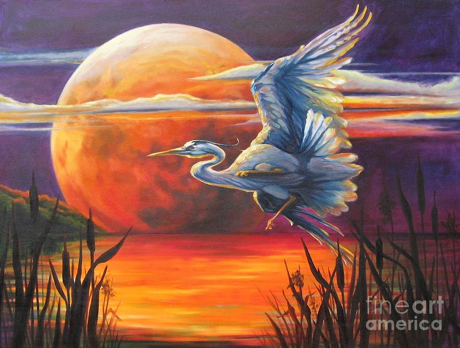 Heron Painting - Wings Across the Moon by Pat Burns