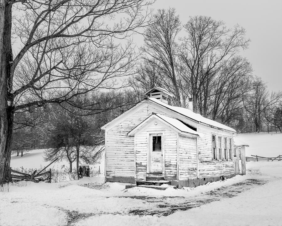 Winter at the Amish Schoolhouse - BW Photograph by Chris Bordeleau