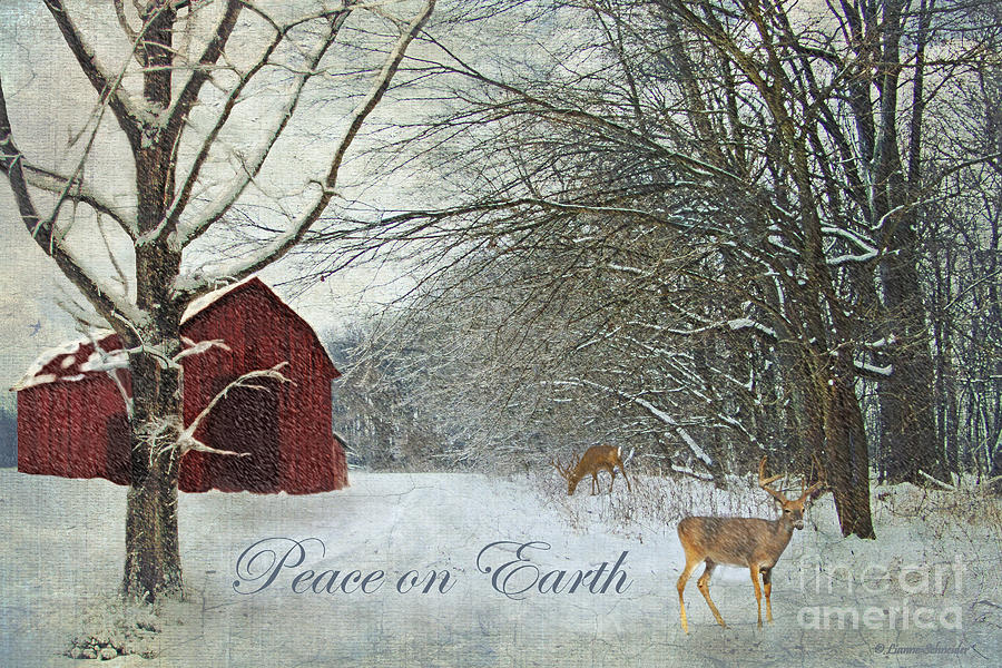 Deer Digital Art - Winter Barn 2 - Peace on Earth by Lianne Schneider