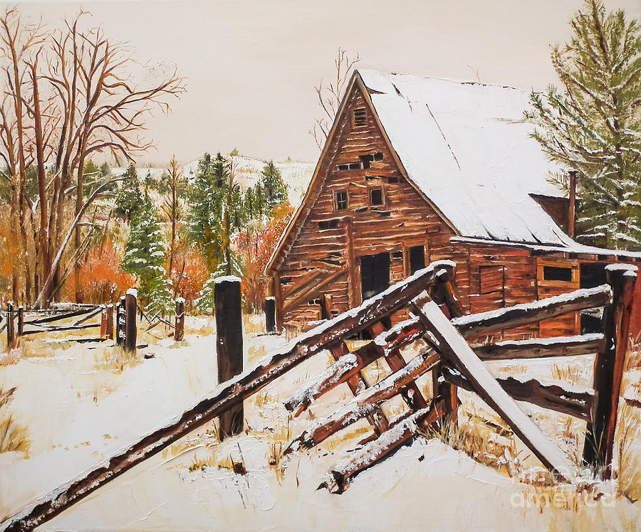 Winter - Barn - Snow in Nevada Painting by Jan Dappen