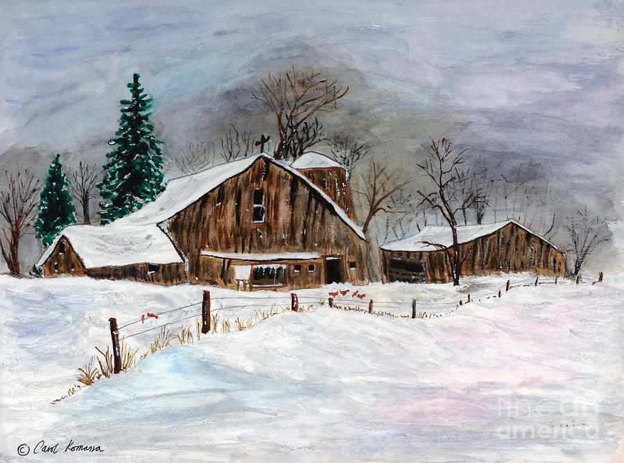 Winter Barns Painting by Carol Komassa