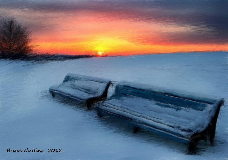 Sunset Painting - Winter Bench Sunset by Bruce Nutting