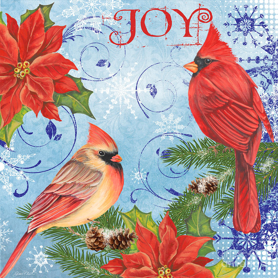Winter Blue Cardinals-Joy Mixed Media by Jean Plout