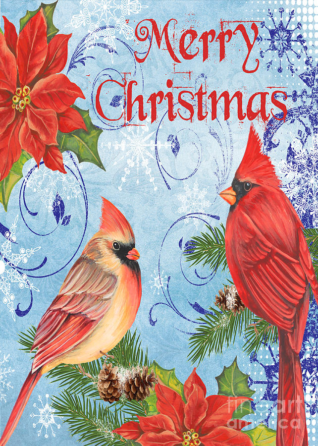 Winter Blue Cardinals-Merry Christmas Card Mixed Media by Jean Plout