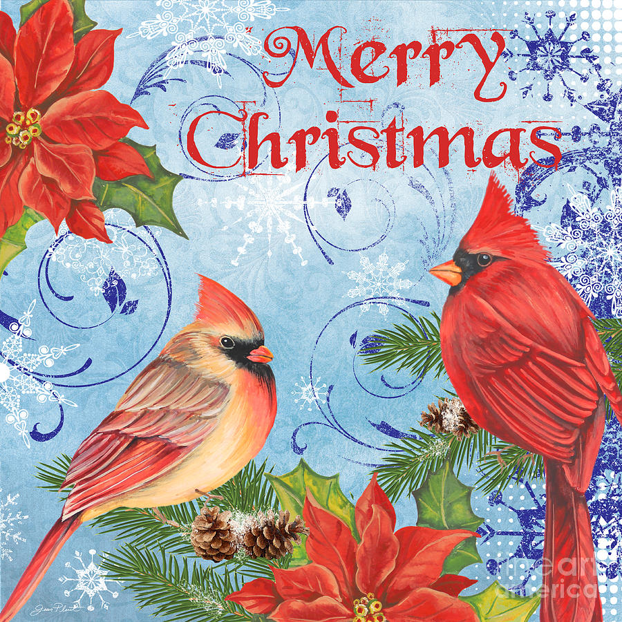 Cardinal Mixed Media - Winter Blue Cardinals-Merry Christmas by Jean Plout