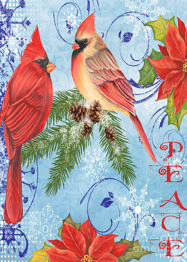 Cardinal Mixed Media - Winter Blue Cardinals-Peace Card by Jean Plout