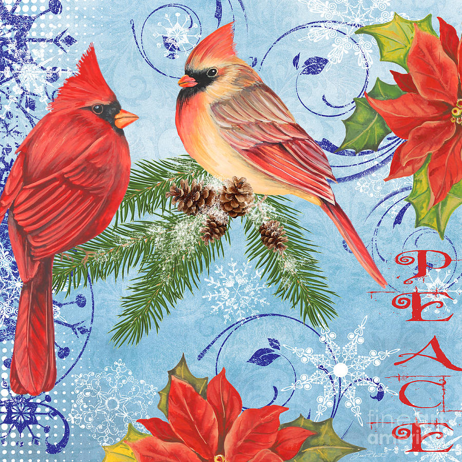 Winter Blue Cardinals-Peace Mixed Media by Jean Plout