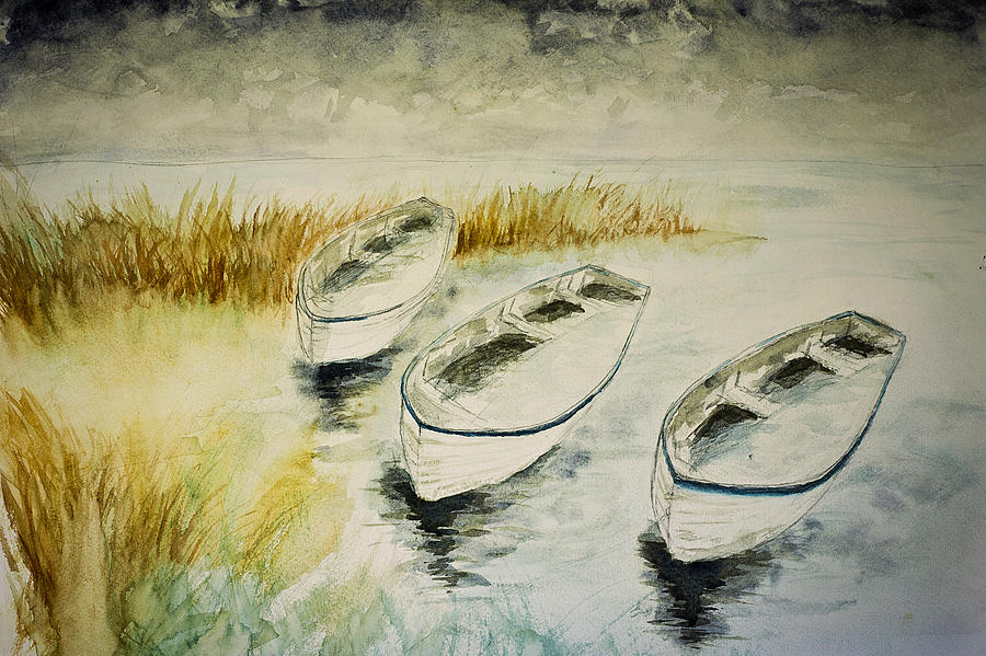 Seascape Painting - Winter Boats in Watercolor by Gray  Artus