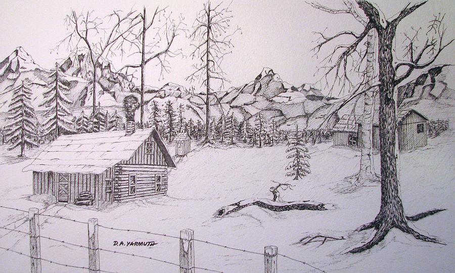 Winter Cabin Drawing by Dale Yarmuth