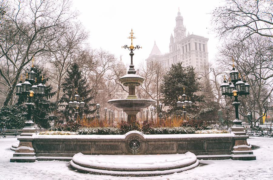 New York City Photograph - Winter - City Hall Fountain - New York City by Vivienne Gucwa