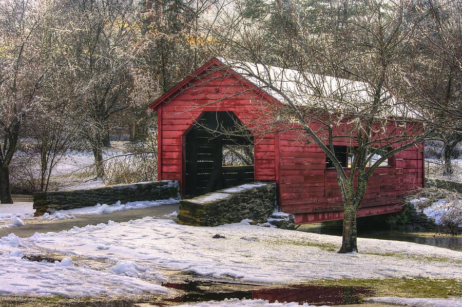 Winter Photograph - Winter Crossing in Elegance - Carroll Creek Covered Bridge - Baker Park Frederick Maryland by Michael Mazaika