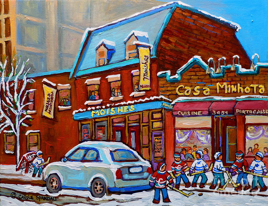 Winter Day On St.laurent Montreal Moishes Steakhouse And Casa Minhota Hockey Game Painting by Carole Spandau