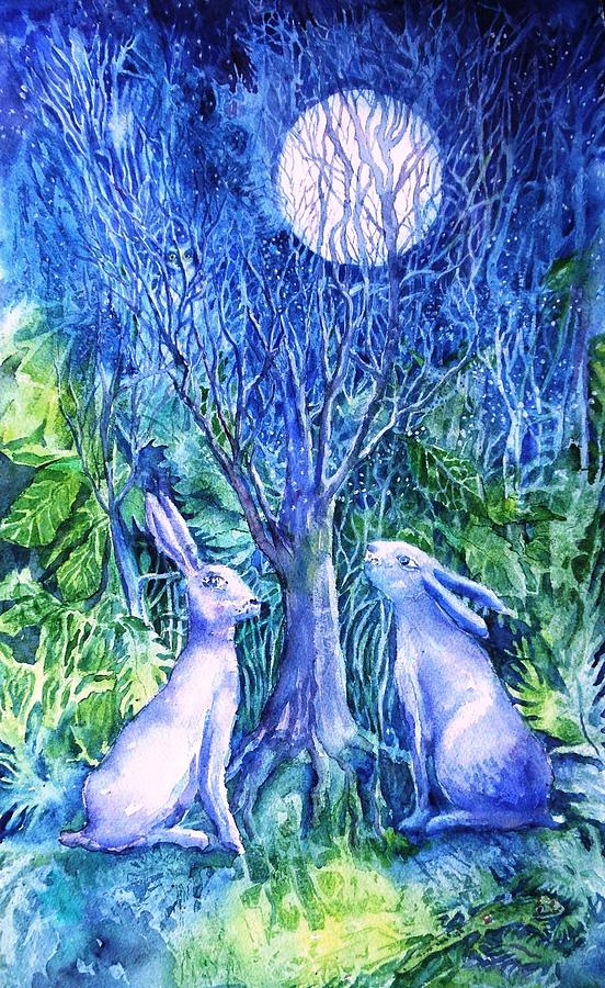 Winter Descends as Two Hares Contemplate an Owl by Moonlight Painting by Trudi Doyle