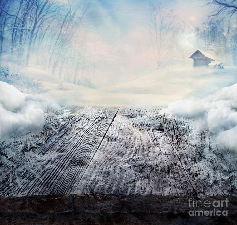 Christmas Digital Art - Winter design - Frozen wooden table with landscape by Mythja Photography
