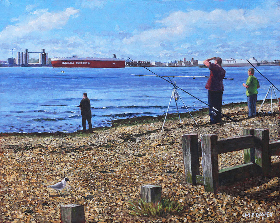 Winter Fishing at Weston Shore Southampton Painting by Martin Davey