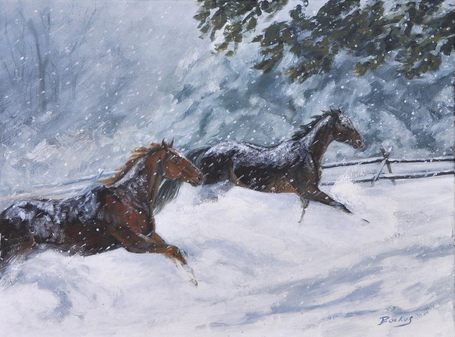 Horses Running Painting - Winter Frolic by Karen  Bockus