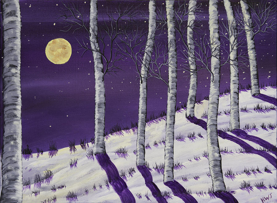 Winter Full Moon and Birch Trees  Painting Painting by Keith Webber Jr