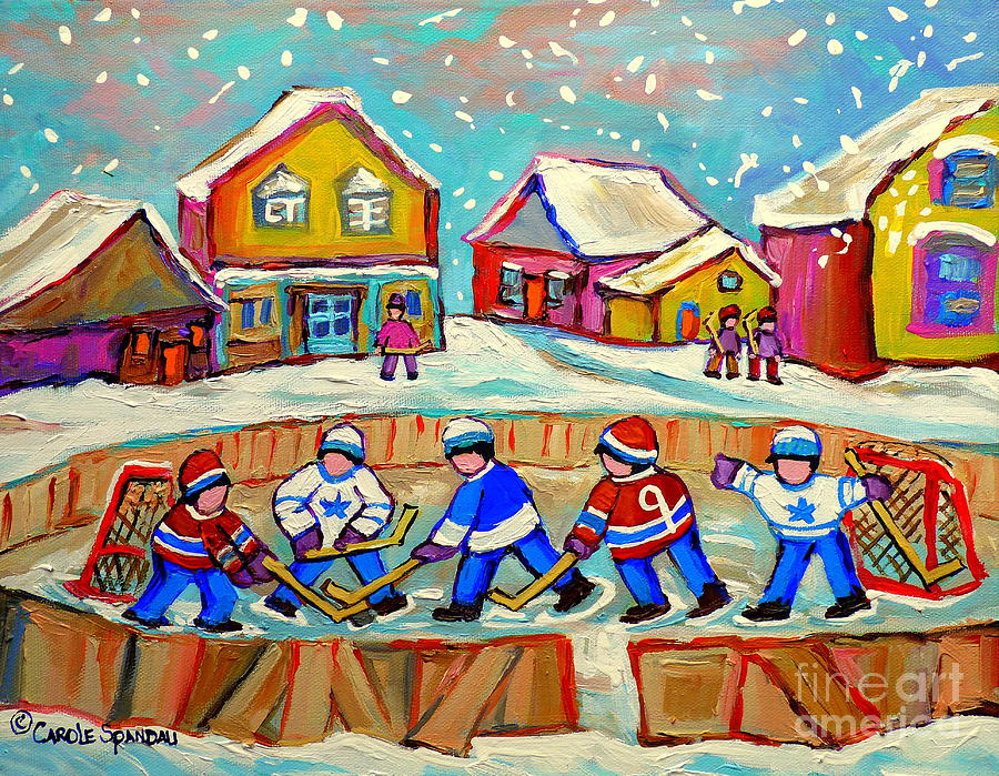 Hockey Painting - Winter Fun At Hockey Rink Magical Montreal Memories Rink Hockey Our National Pastime Falling Snow   by Carole Spandau