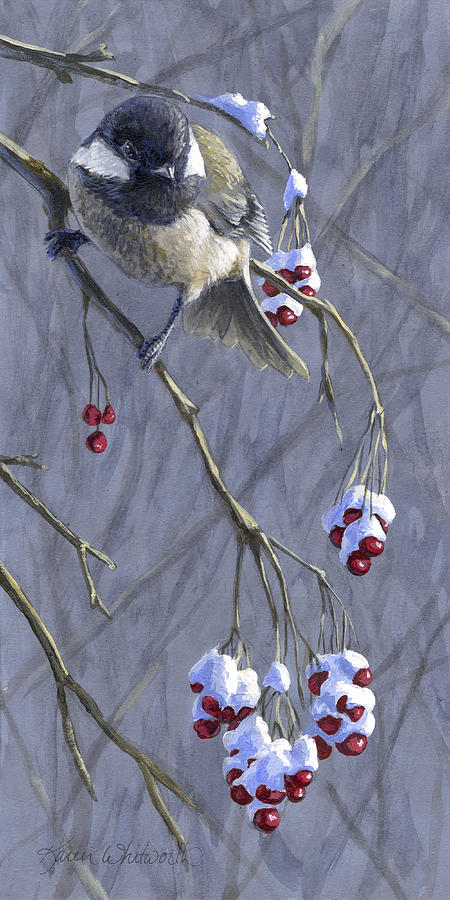 Chickadee Painting - Winter Harvest 1 Chickadee and Berries Painting by Karen Whitworth