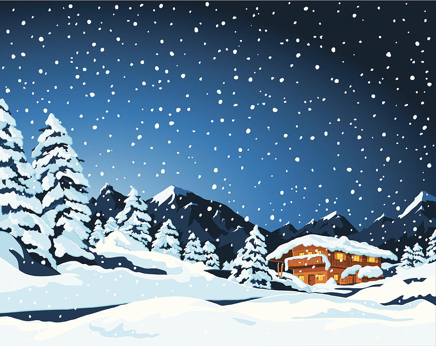 Winter Landscape and Cabin Drawing by FrankRamspott