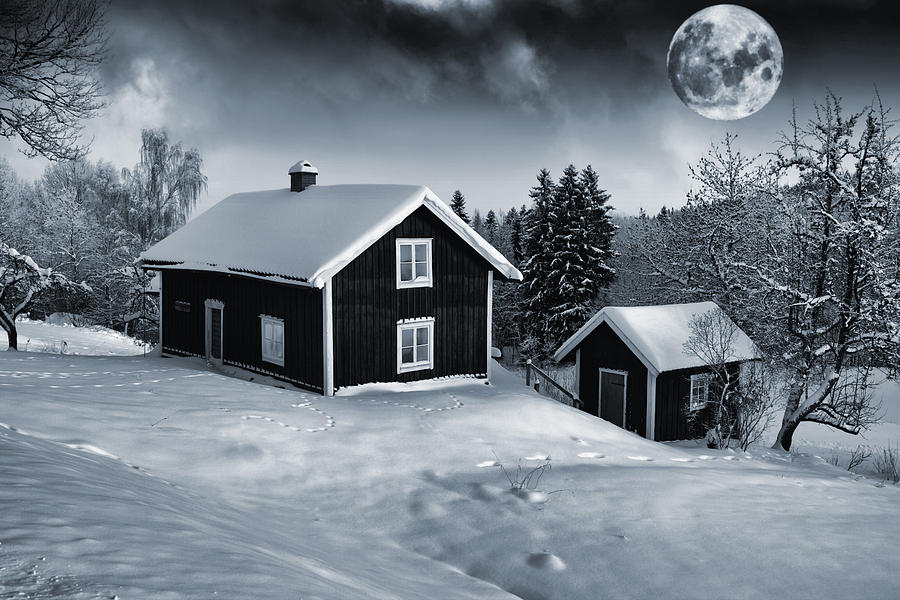 Winter Landscape Old Cottage And Full Moon Photograph by Christian Lagereek